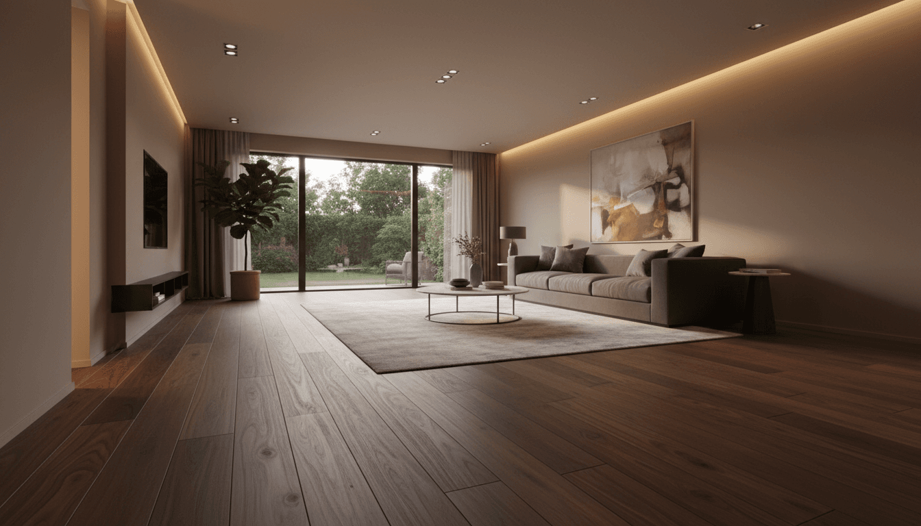 Beautiful hardwood flooring installed in a bright modern living room
