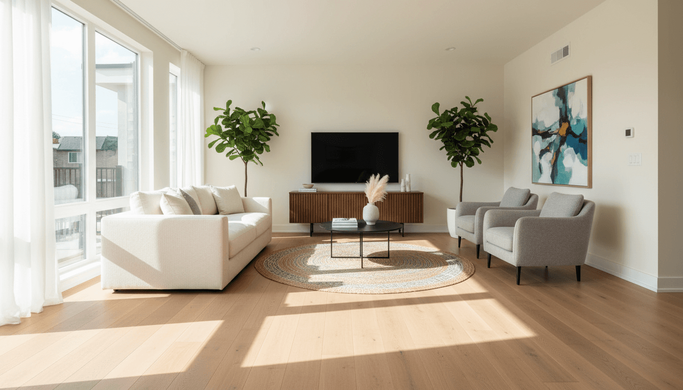 Beautiful hardwood floor installed in modern home with warm lighting and contemporary furniture