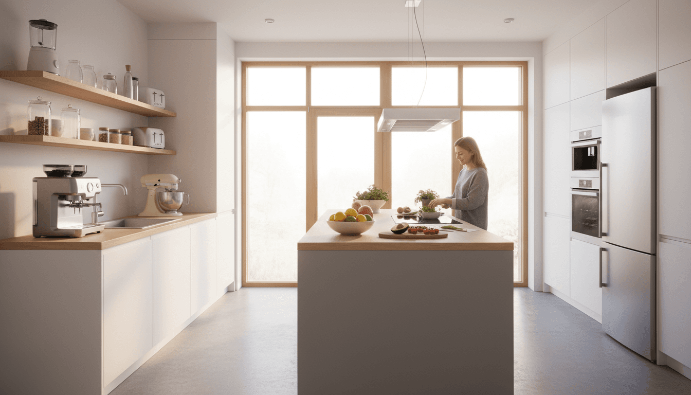 Beautiful hardwood flooring installed in bright modern kitchen