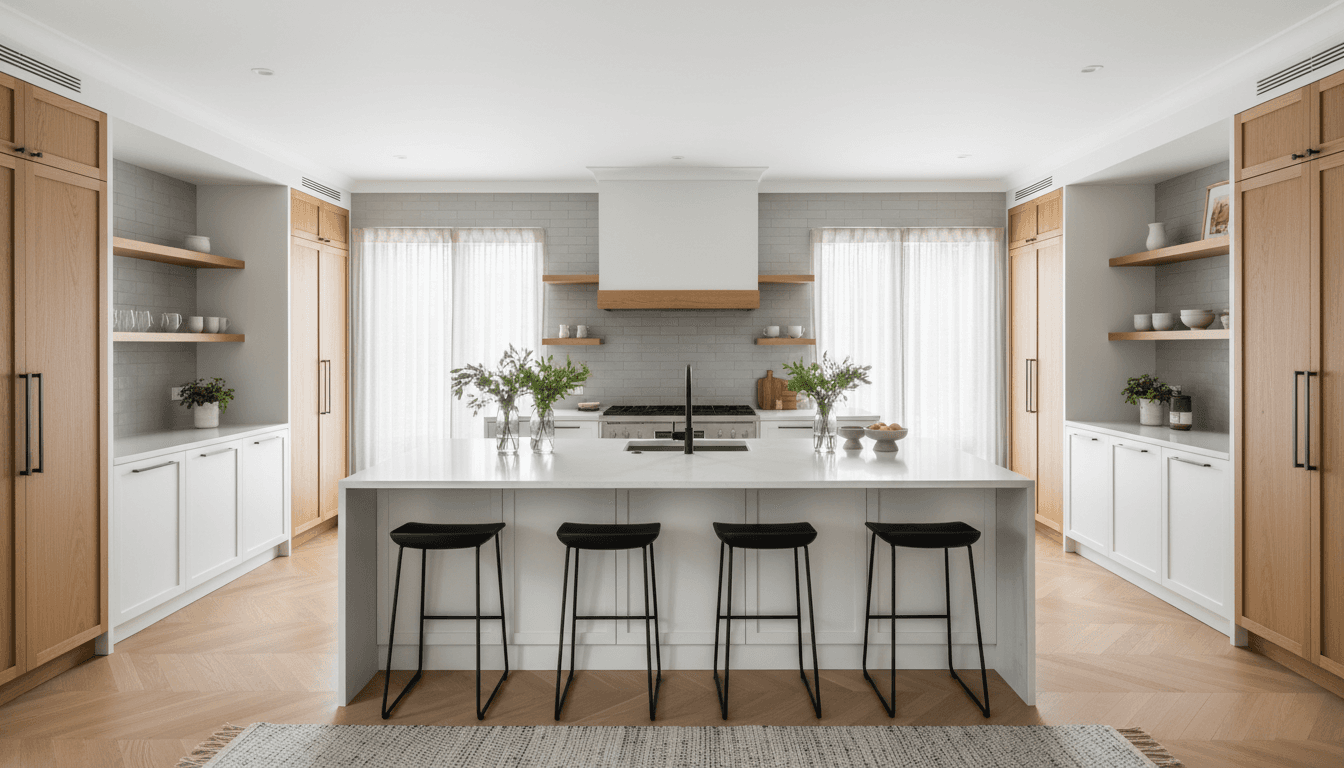 Bright modern kitchen with installed hardwood flooring and warm lighting
